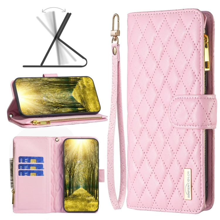 Pink diamond-quilt leather flip wallet phone case with zipper and magnetic strap