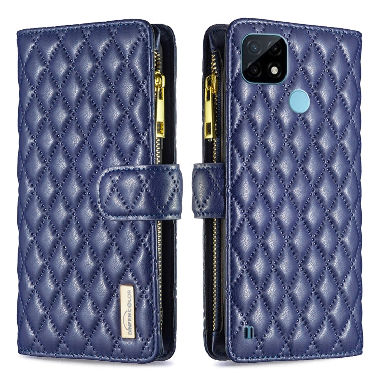 Blue quilted leather flip phone wallet case, front and back view, diamond pattern
