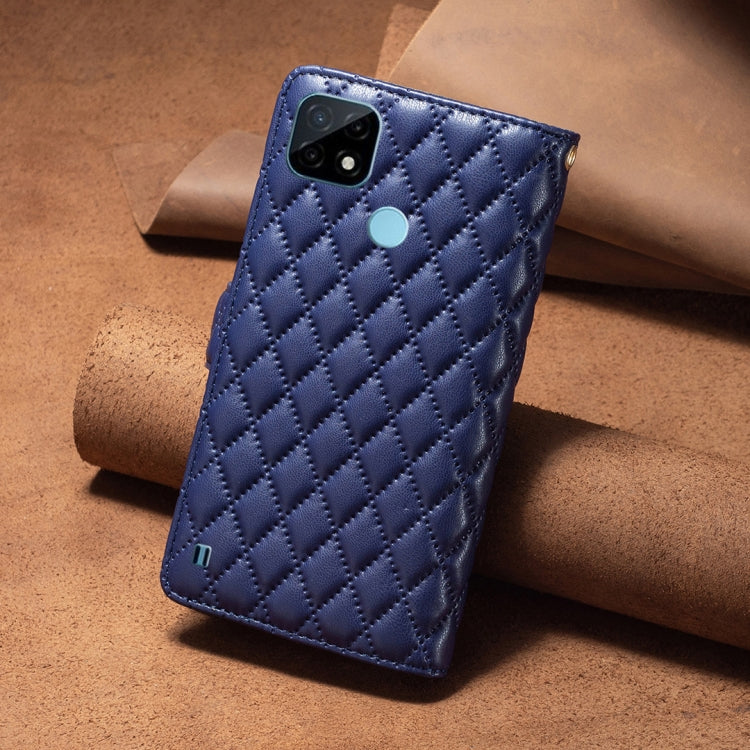 Blue quilted leather flip phone wallet case with camera cutout and diamond texture