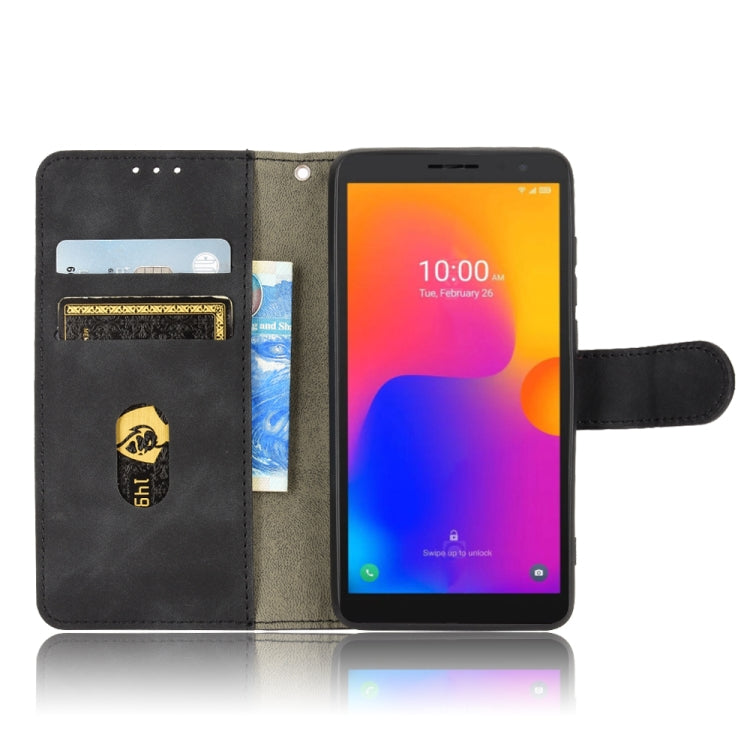 Black magnetic flip leather phone case with interior card window and viewing stand.