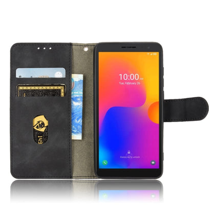 Black magnetic flip leather phone case with interior card window and viewing stand.