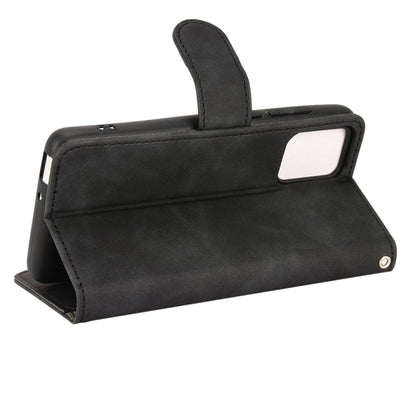Black leather flip phone case with built-in stand and camera cutout on back.