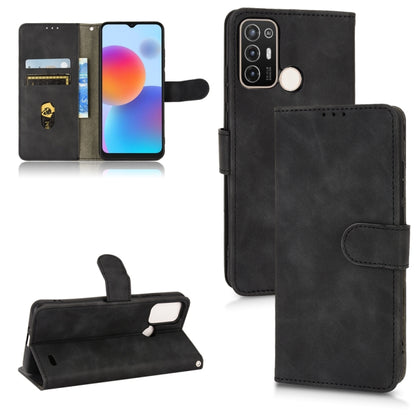 Black magnetic flip leather phone case with card slots and stand, secure side strap.