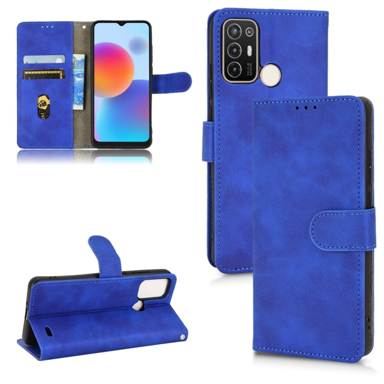 Blue magnetic flip leather phone case with card slots and stand, secure side strap.