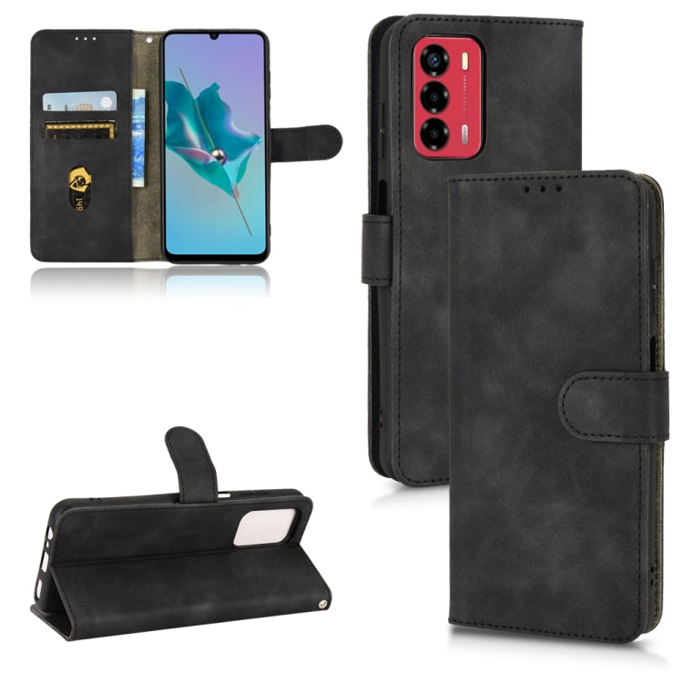 Black magnetic flip leather phone case with card slots and stand, secure side strap.