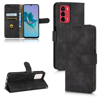 Black magnetic flip leather phone case with card slots and stand, secure side strap.