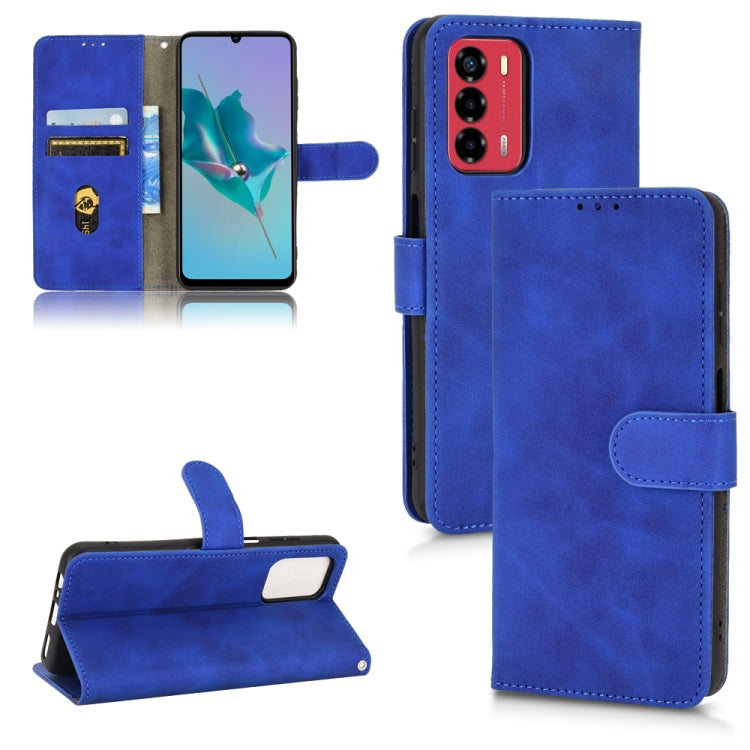 Blue magnetic flip leather phone case with card slots and stand, secure side strap.