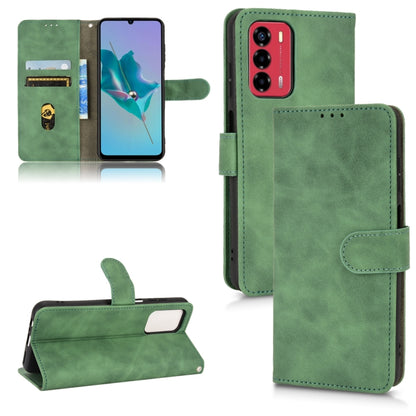 Green magnetic flip leather phone case with card slots and stand, secure side strap.