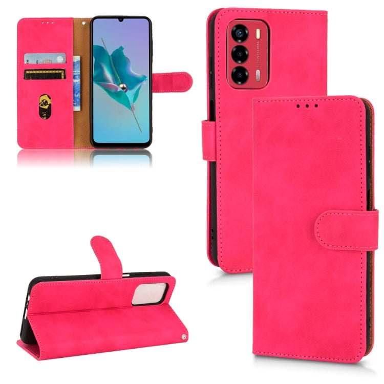 Rose red magnetic flip leather phone case with card slots and stand, secure side strap.