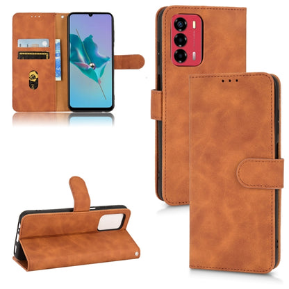 Brown magnetic flip leather phone case with card slots and stand, secure side strap.