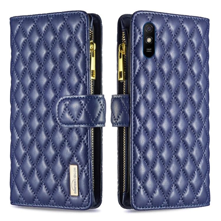 Blue diamond-lattice leather flip phone wallet case, front and back with belt strap