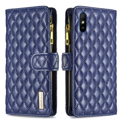 Blue diamond-lattice leather flip phone wallet case, front and back with belt strap