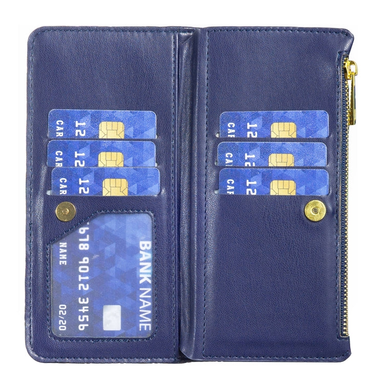 Blue diamond-lattice leather flip phone wallet case interior with card slots and zip pocket