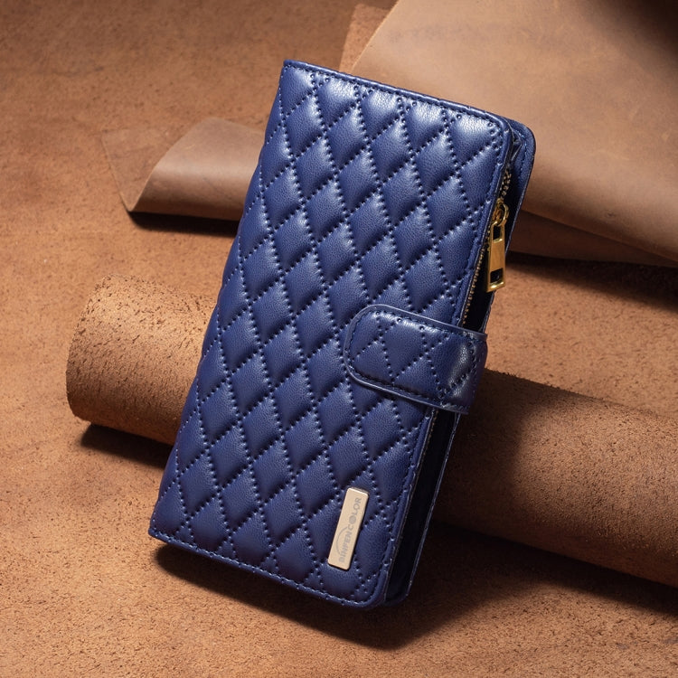 Blue diamond-lattice leather flip phone wallet case with adjustable wrist strap