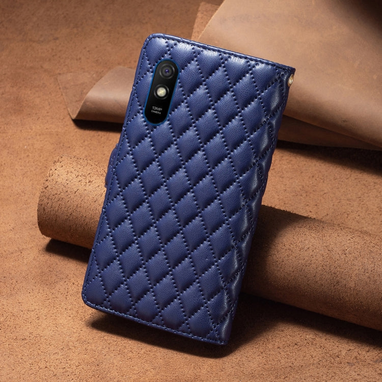 Blue diamond-lattice leather flip phone wallet case with camera cutout on back