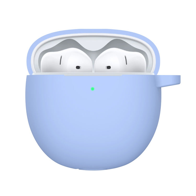 Light blue silicone earbud case open with earbuds inside and carabiner loop