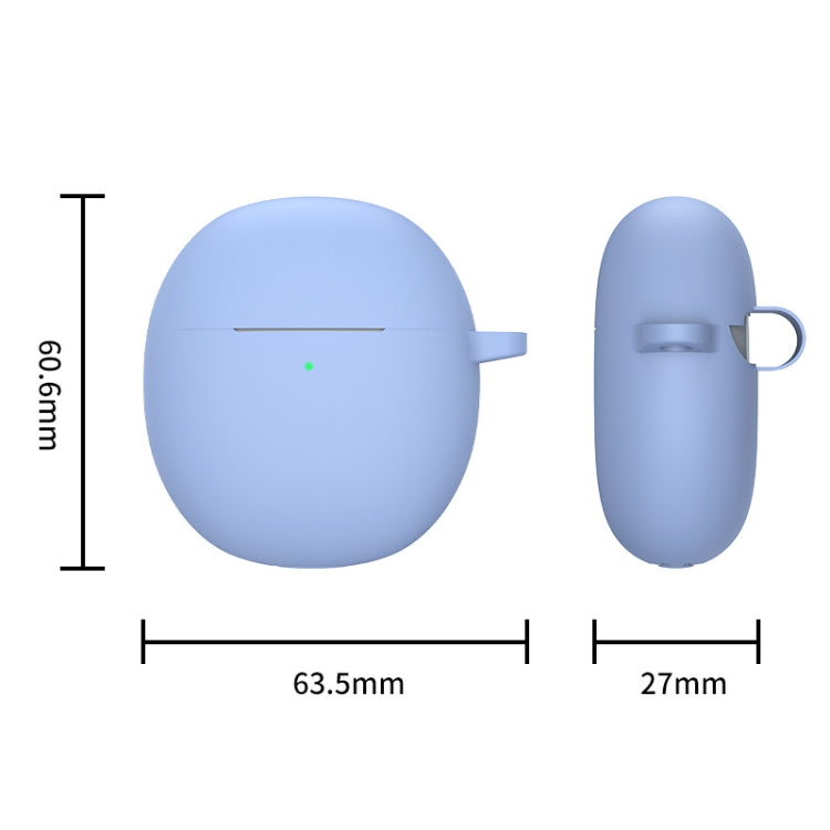 Light blue silicone earbud case with carabiner clip and size dimensions diagram
