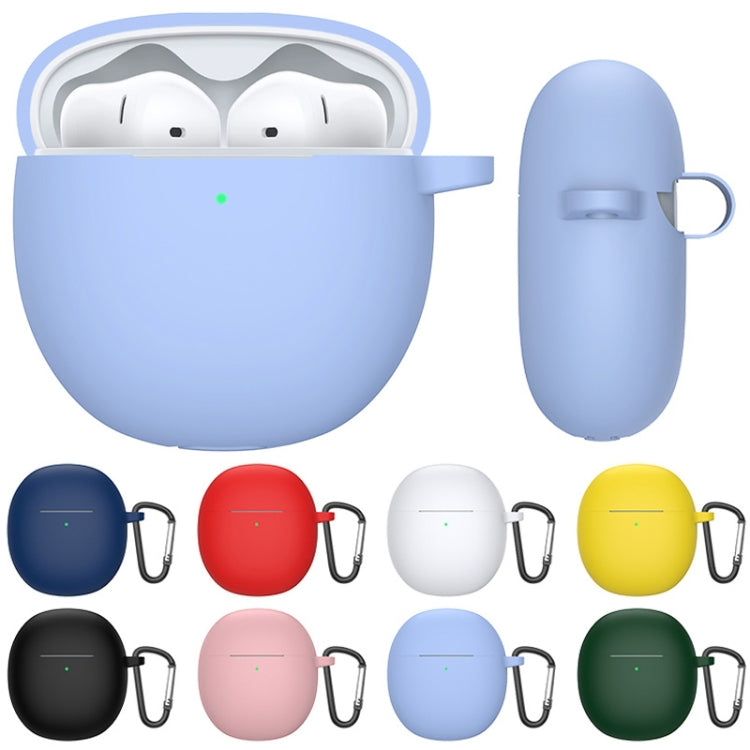 Light blue silicone earbud case with earbuds, plus additional matching color cases