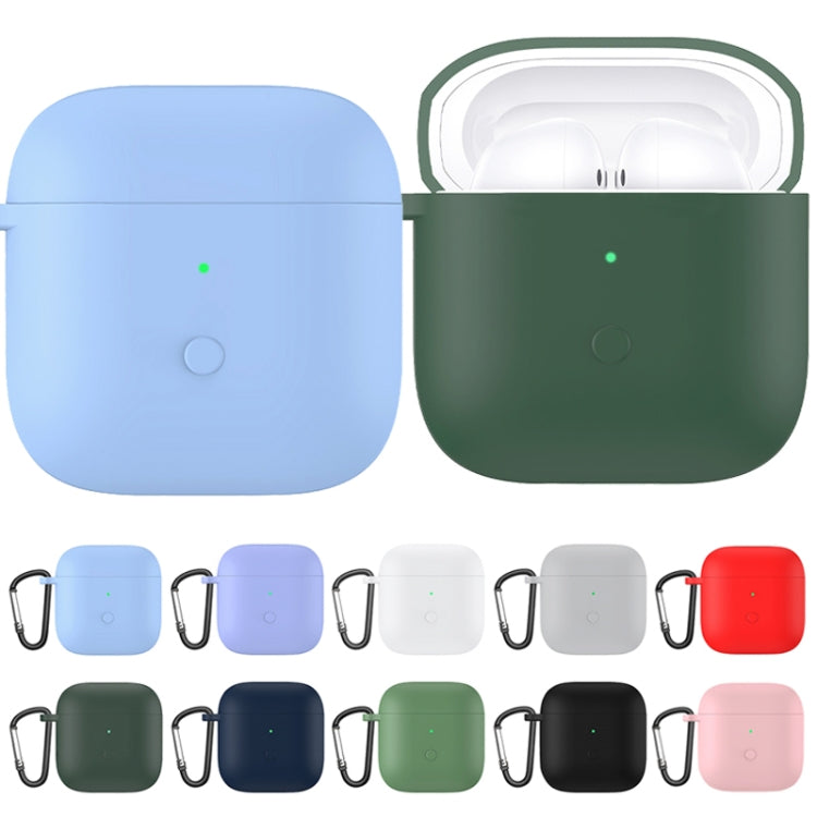 Silicone one-piece earphone protective case pair in light blue and dark green, with carabiners