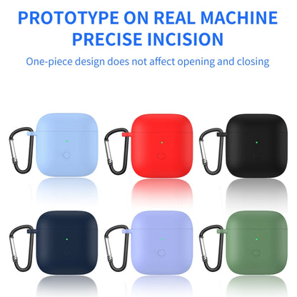 Silicone earphone protective cases set in red, black, light blue, navy, purple, and green