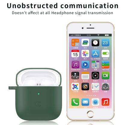 Dark green silicone earphone protective case with carabiner, shown beside a smartphone