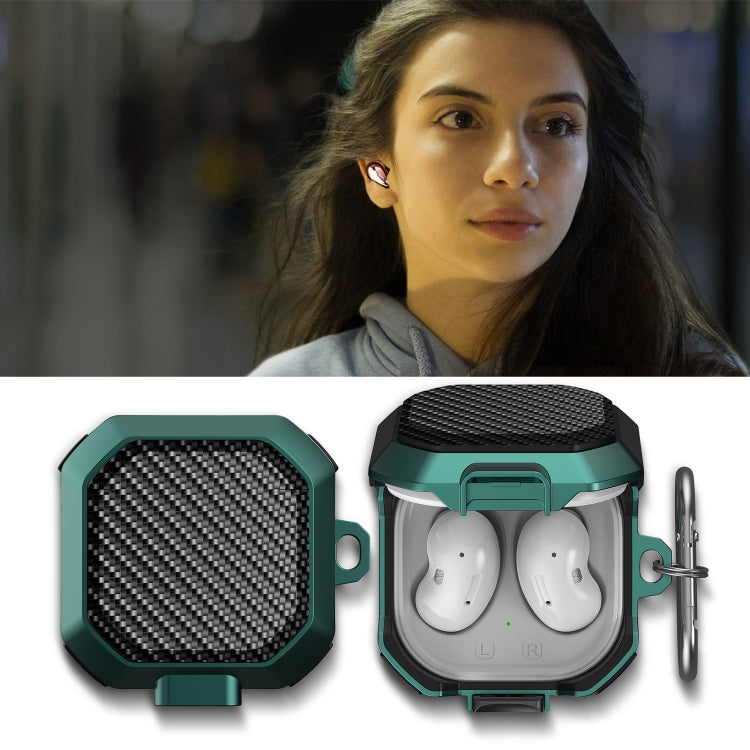 Carbon fiber textured anti-fall earphones case with switch, teal-green; earbuds visible