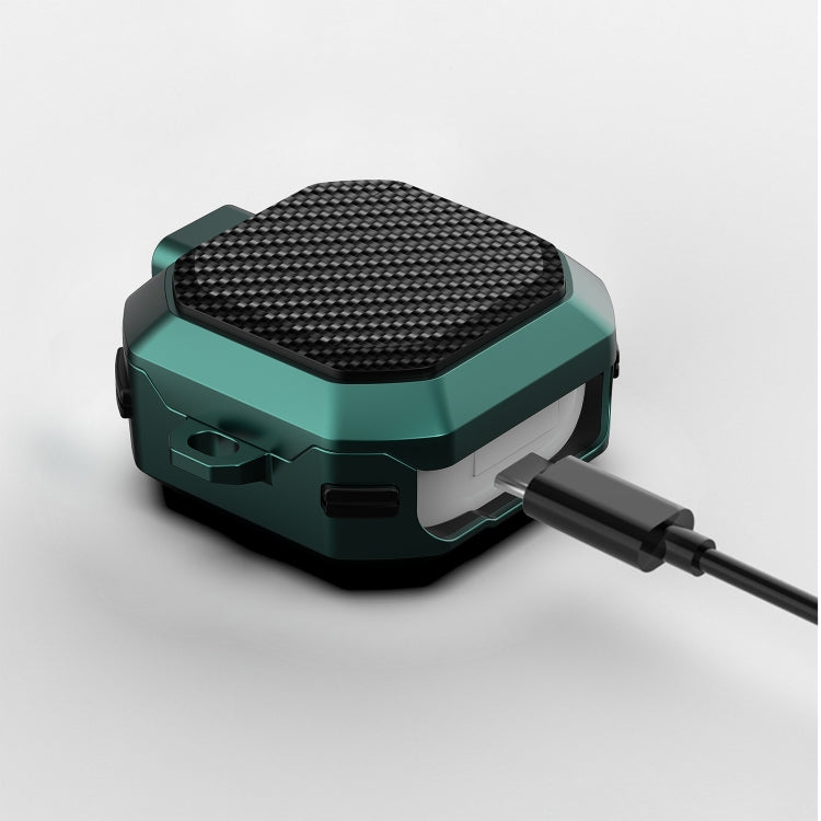 Teal carbon-fiber earbud case with side ports and hinged switch protection