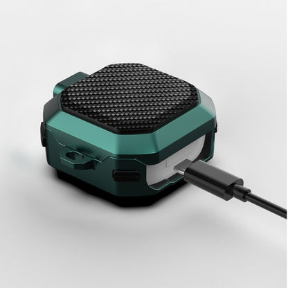 Teal carbon-fiber earbud case with side ports and hinged switch protection