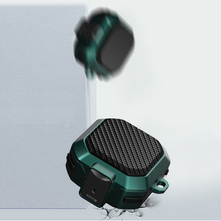 Teal carbon-fiber earbud case with lanyard ring, shown with earbuds inside