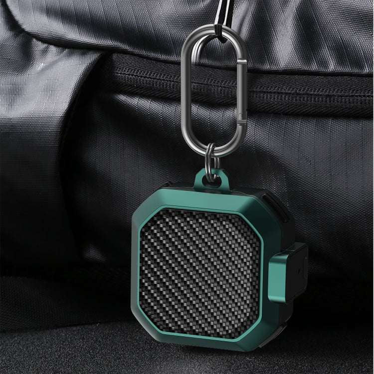 Teal carbon-fiber earbud case with metal carabiner clip and snap switch cover