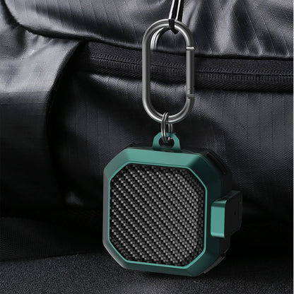 Teal carbon-fiber earbud case with metal carabiner clip and snap switch cover
