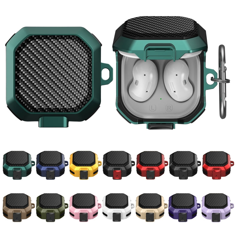 Teal earbud case with carbon-fiber front, plus side view and color variants