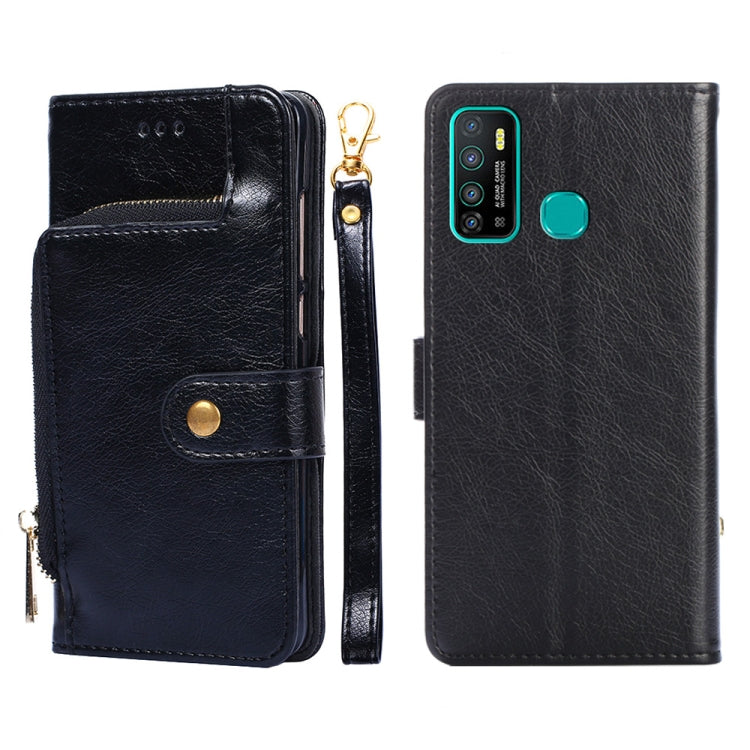 Black leather folio phone case with zipper pouch and flip front; snap button