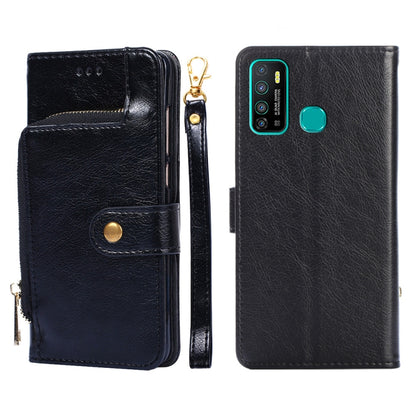 Black leather folio phone case with zipper pouch and flip front; snap button
