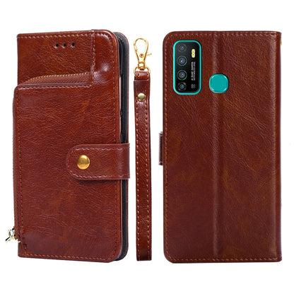 Brown leather folio phone case with zipper pouch, flip front, and snap button