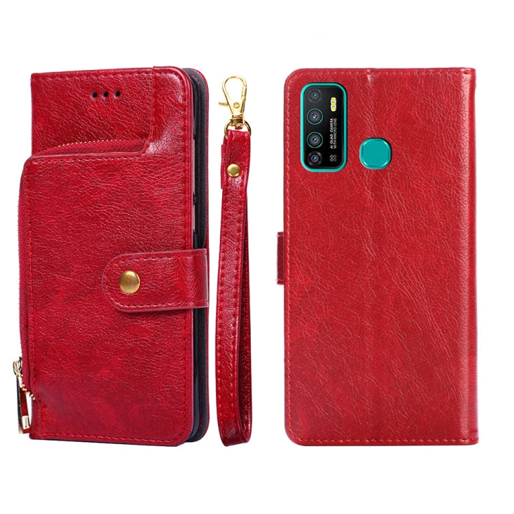 Red leather folio phone case with zipper pouch and flip front; snap button