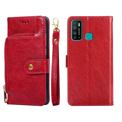 Red leather folio phone case with zipper pouch and flip front; snap button