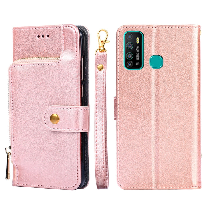 Rose leather folio phone case with zipper pouch and flip front; snap button