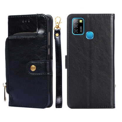 Black leather folio phone case with zipper pouch and flip front; visible side zipper