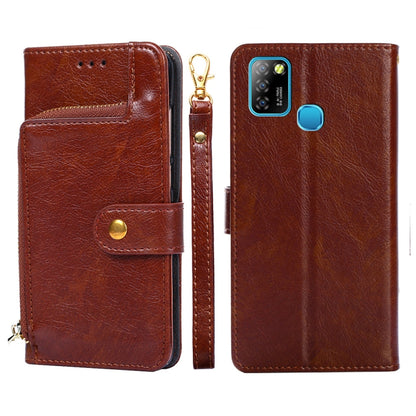 Brown leather folio phone case with zipper pouch and flip front; side zipper pull