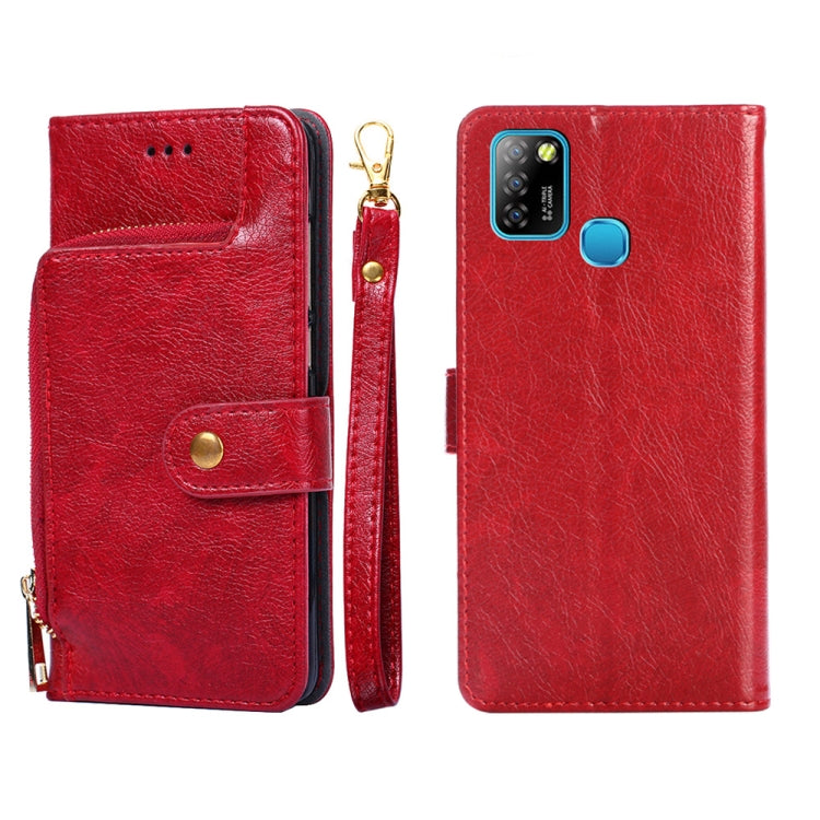 Red leather folio phone case with zipper pouch and flip front; side zipper pull