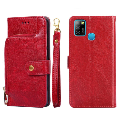 Red leather folio phone case with zipper pouch and flip front; side zipper pull