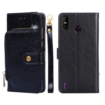 Black leather folio phone case with zipper pouch and flip front; dark purple phone details