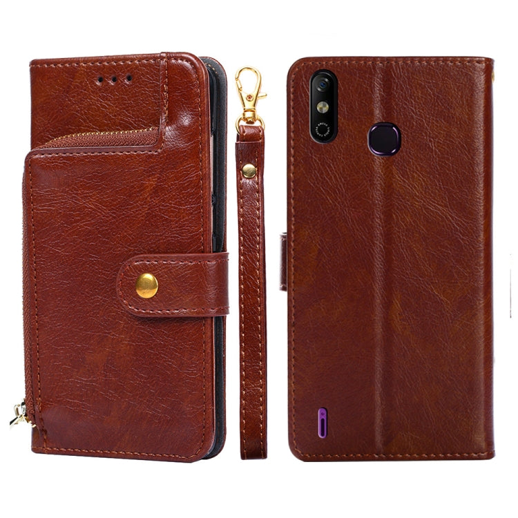 Brown leather folio phone case with zipper pouch and flip front; side zipper pull