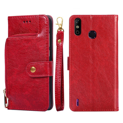 Red leather phone case with zip pull, magnetic flap, and card slot openings.