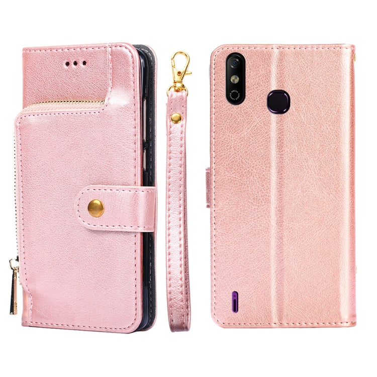 Rose pink leather phone case with zip pull, magnetic flap, and card slot openings.