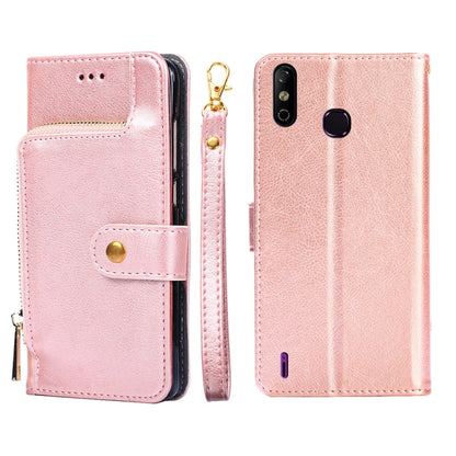 Rose pink leather phone case with zip pull, magnetic flap, and card slot openings.