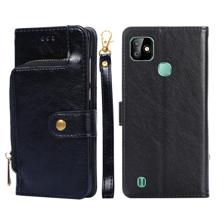 Black leather phone case with zip pull, magnetic flap, and card slot openings.