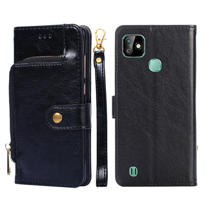 Black leather phone case with zip pull, magnetic flap, and card slot openings.