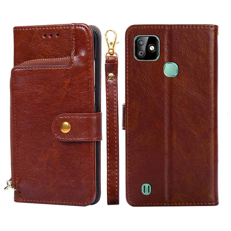 Brown leather phone case with zip pull, magnetic flap, and card slot openings.